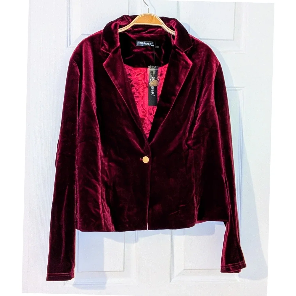 Allegra K Womens Velvet Blazer Burgundy Single Button Cropped Jacket XXXL‎ NWT